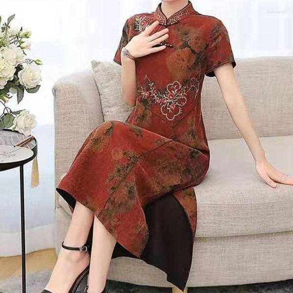 Vestuário étnico gola feminina vestido tradicional chinês manga curta Qipao estampado flor cheongsam seda verão divisão lateral