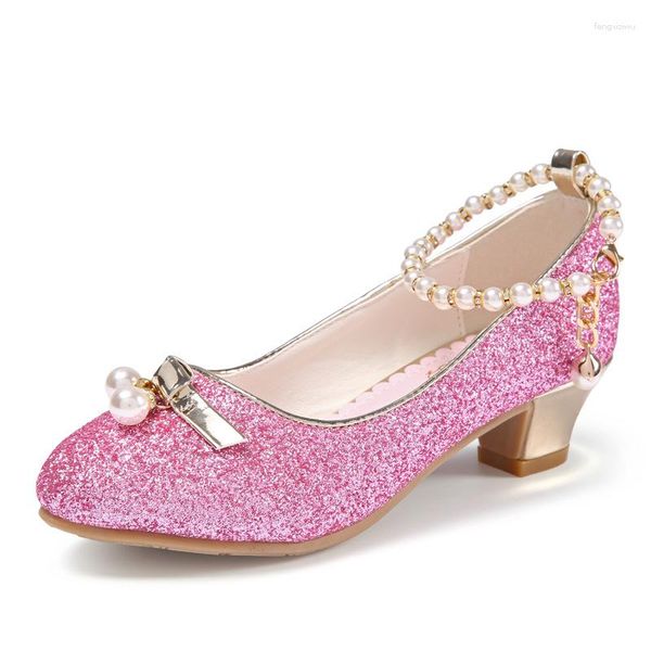 Scarpe basse 4-13 anni Moda per bambini Perline di cristallo Ragazze adolescenti Rosa con tacchi Costume da principessa Festa da ballo Matrimonio Bambini