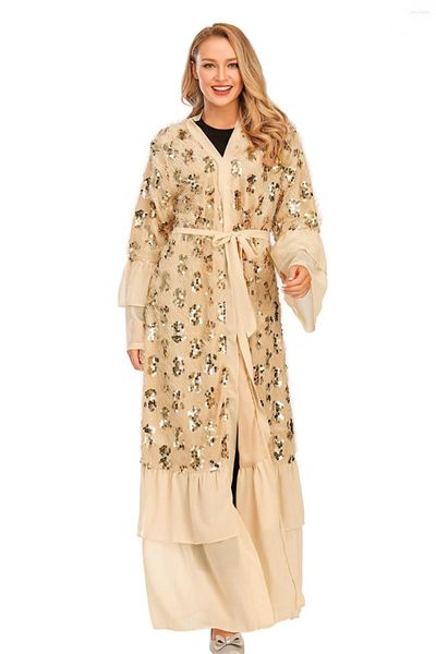 Roupa étnica Borla Lantejoulas Manga Comprida Moda Abaya Chiffon Patchwork Maxi Vestido Muçulmano Abayas Para Mulheres Robes Casuais de Ponto Aberto