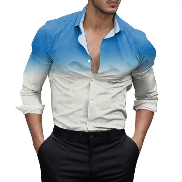 T-shirt da uomo Moda uomo Casual Gradient Digital 3D Stampato Risvolto Button Down Camicia Top Uomo Pigiama manica corta