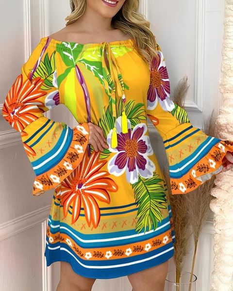 Casual Kleider Mode 2023 Sommer Elegante Frauen Floral Tribal Print Off Schulter Glocke Hülse Kleid Weibliche Kleidung Outfits
