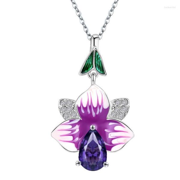 Collane con ciondolo 2023 Collana smaltata fatta a mano in stile Boemia di marca per donna Elegante fiore foglia viola gioielli con ciondolo in cristallo