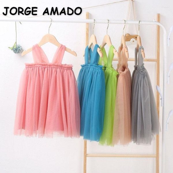 Vestidos de menina Vestido de verão para bebê Gola quadrada Rosa Verde Azul Cinza Champanhe Sling Sem mangas Roupas infantis E29002