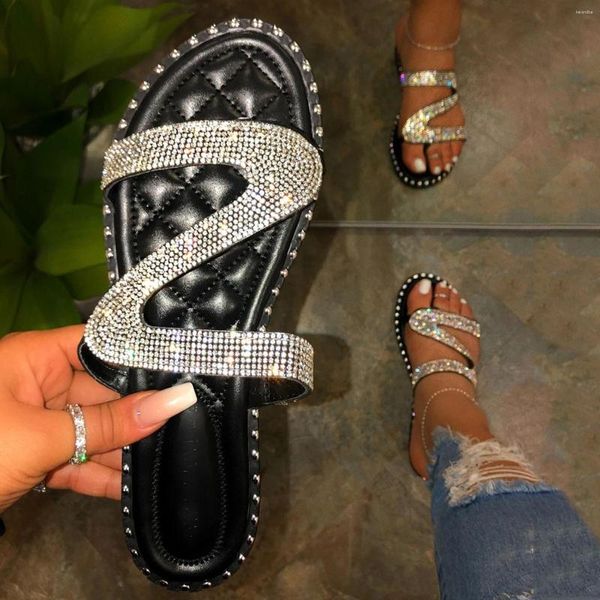 Terlik Moda Rhinestone Casual Slicper Yaz Açık Ayak Parça Slip-On Düz Sandallar Açık Plaj Kadın Platformu