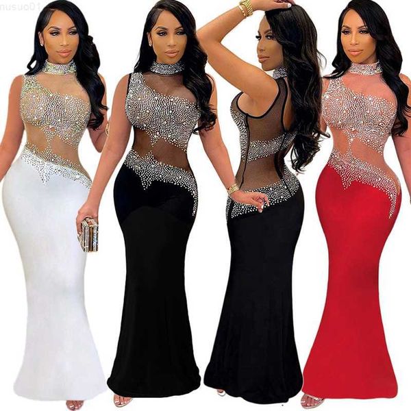 Kentsel seksi elbiseler şeffaf örgü patchwork rhinestones uzun maxi elbise kadınlar kolsuz balıkçı yaka zemin uzunluğu vestidos seksi şeffaf Noel elbise l230711