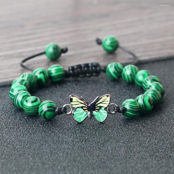 Pulseira de miçangas de borboleta verde de vertente 8 mm malaquita olho de tigre casal ajustável mulheres homens yoga curativo pulseira corrente joias