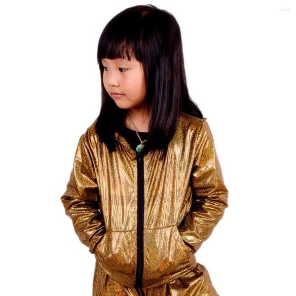 Giacche 2023 Primavera Autunno Bambini Giacca bomber in oro colorato Abbigliamento da esibizione sul palco Paillette Feminina Casaco Cappotto da ballo hip-hop