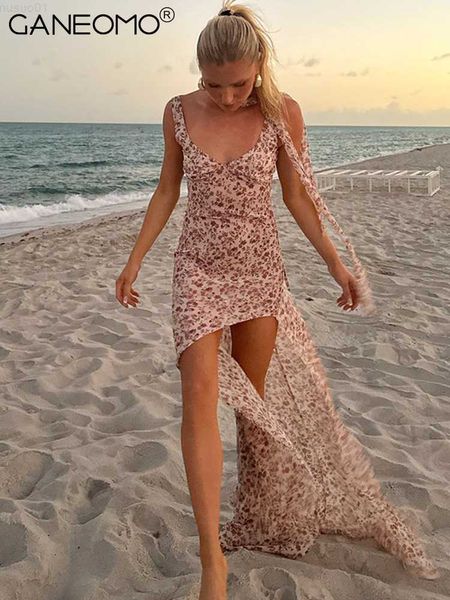 Urban Sexy Dresses Sexy Straps Backless Bandage Floral Print Slit Mesh Maxi Dress Women Holiday Beach Night Party Vacation Vestidos Longos 2023 Summer L230711