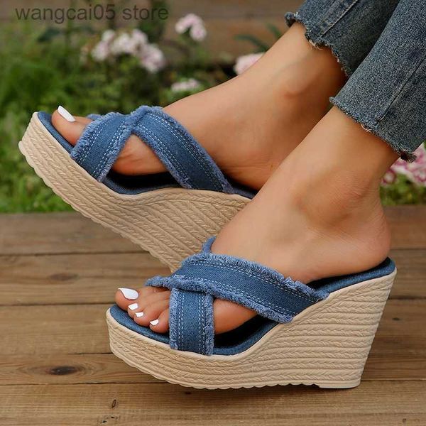 Slippers Cross Strap High Welpers Women Женщины лето 2023 синие джинсовые коренастые сандалии сандалии.