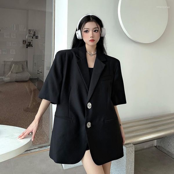 Frauen Anzüge Sommer Schwarz Blazer Frauen Mode Streetwear Lose Taste Unten Kurzarm Jacken Femme