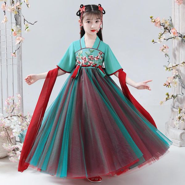 Ragazza Abiti Ragazze Hanfu Tang Suit Chiffon Per L'estate 2023 Stile Cinese Con Scollo A V Manica Corta Ricamo Patchwork Costume Antico