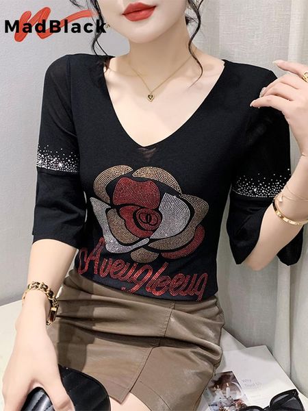 T-shirt da donna MadBlack Summer European Clothes T-Shirt Donna Sexy Scollo a V Brillanti fiori Diamanti Top Maniche a 3/4 arricciate Magliette fatte a mano