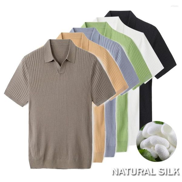 Herren-T-Shirts, Lyocell, 69,6 % Baumwolle, 23,2 % Seide, 7,2 % gestricktes Poloshirt, kurzärmlig, T-Shirt mit Kragen, V-Ausschnitt, weiß, Sommer-Strickmode mit schmaler Passform