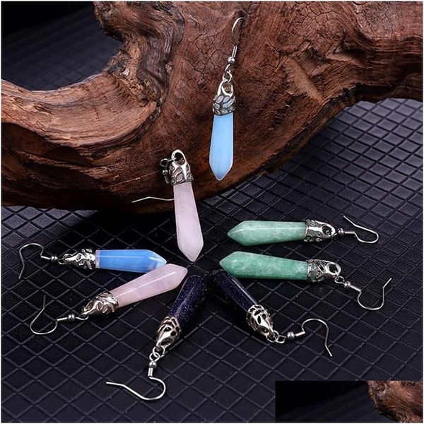 Ciondola il lampadario in pietra naturale Orecchini esagonali a punta singola Reiki Healing Crystals Quarzo rosa per gioielli da donna Drop Delivery Dhkdl