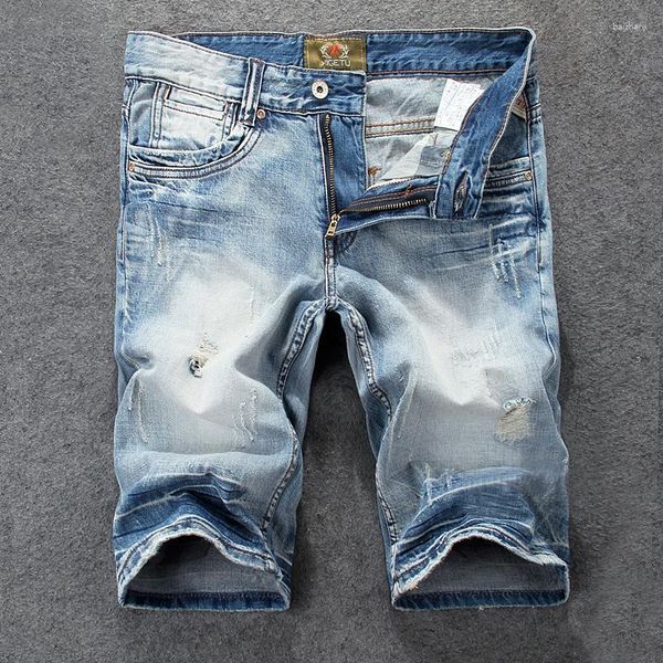 Jeans Masculino Verão Designer de Moda Shorts Retro Azul Claro Vintage Furo Rasgado Curto Casual Algodão Denim Hombre