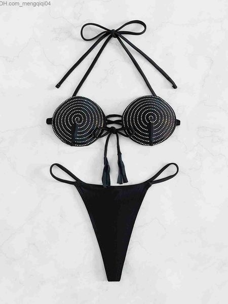 Roupa de banho feminina Conjunto de biquíni de diamante quente de luxo feminino 2023 com alça preta, strass, renda, mini roupa de banho Brasil, roupa de banho triângulo Z230712