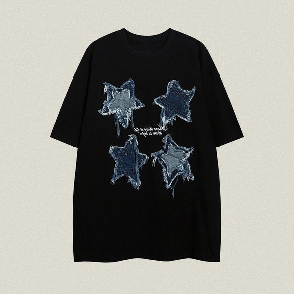 Stars Denim Patch Kurzarm T-Shirt Herren Sommer High Street Top