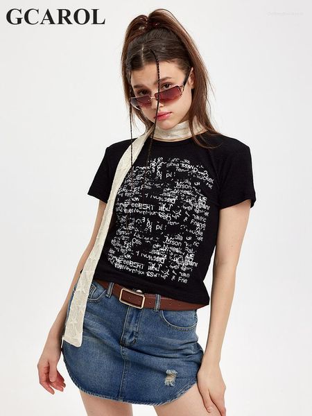 Kadın Tişörtleri Gcarol Bahar Yaz Kadın Mektubu Çiçek T-Shirt Pamuk Karışımları Streç ince Sıradan Klasik Tees Basit Kısa Üst Jersey
