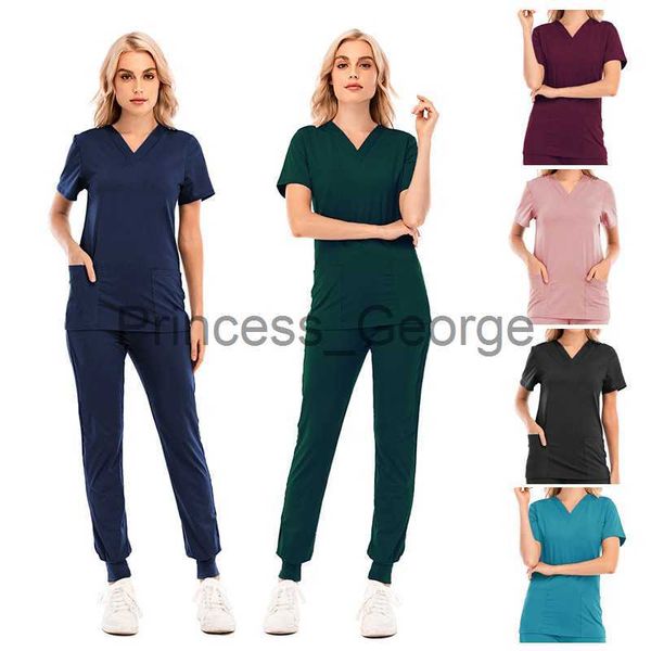 Andere Bekleidung Krankenpflegeuniform Einfarbig Kurzarm V-Ausschnitt Weibliche Arbeitskleidung Taschen Krankenhaus Haustier Zahnmedizin Klinikuniformen Krankenpflegeoberteil x0711