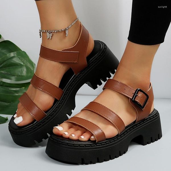 Sandálias góticas plataforma gladiador para mulheres com fivela no tornozelo salto grosso sandálias mulher plus size verão antiderrapante sapatos de fundo grosso