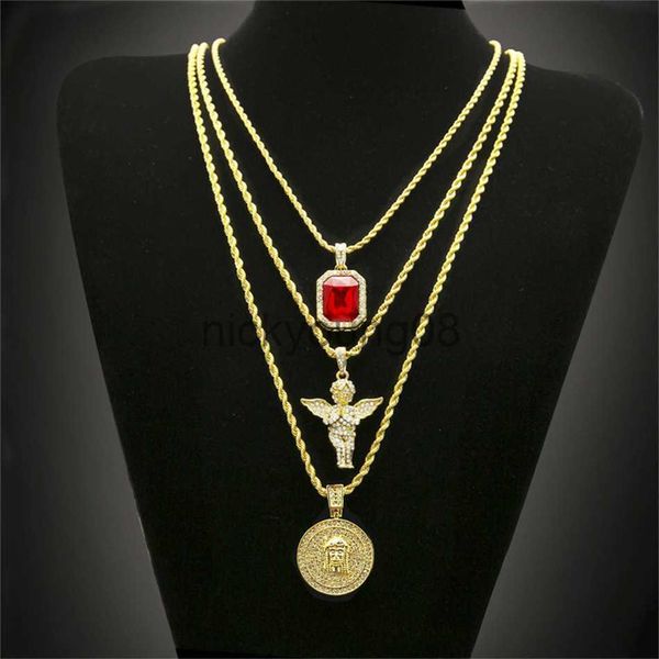 Colares com Pingente Hip Hop Colar Banhado a Ouro Conjunto de Jóias de Cristal com Strass Gelado Com Anjo Jesus Pingentes Colares Corrente Venda Imperdível x0711