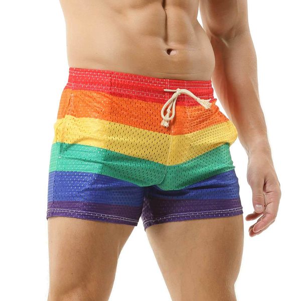 Shorts masculinos Shorts de praia masculinos calças de malha arco-íris roupas de praia sexy shorts de boxe casuais bolsos inferiores cordão de secagem rápida 230711