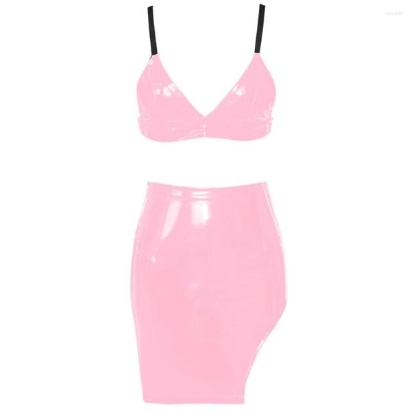 Abiti da lavoro Donna Effetto bagnato Pelle PVC Sexy Cinturino per spaghetti Crop Top Fasciatura Minigonna Set Abiti Party Club Costume Corsetto Clubwear