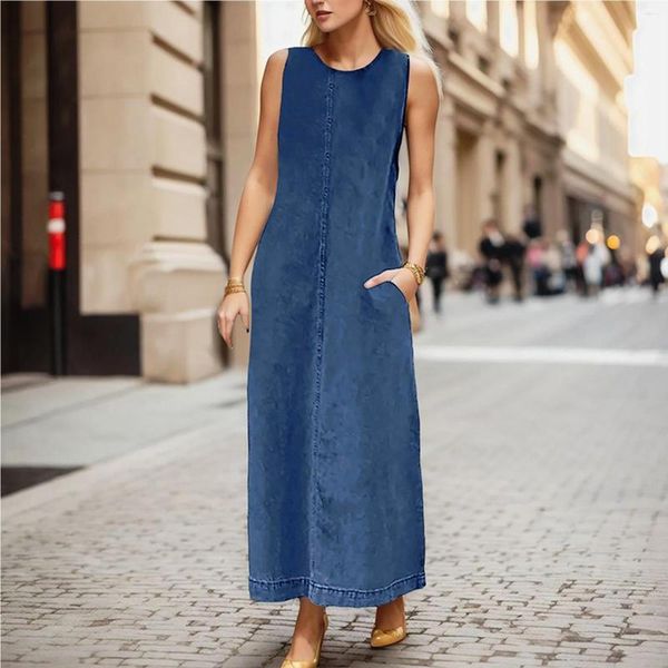 Casual Kleider Frauen Mode Vintage Denim Lange Kleid Sommer Rundhals Ärmel Tasche Lose Damen Weste Weibliche