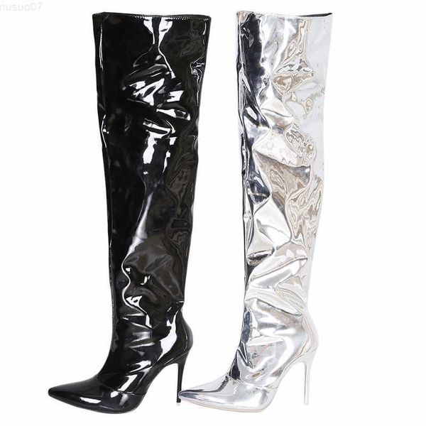 Botas Sexy Silver Mirror Coxa Botas Altas Femininas T Show Pointy Toe Club Sapatos de Festa Salto Alto Fino Sobre o Joelho Botas Longas Para Mulheres L230711