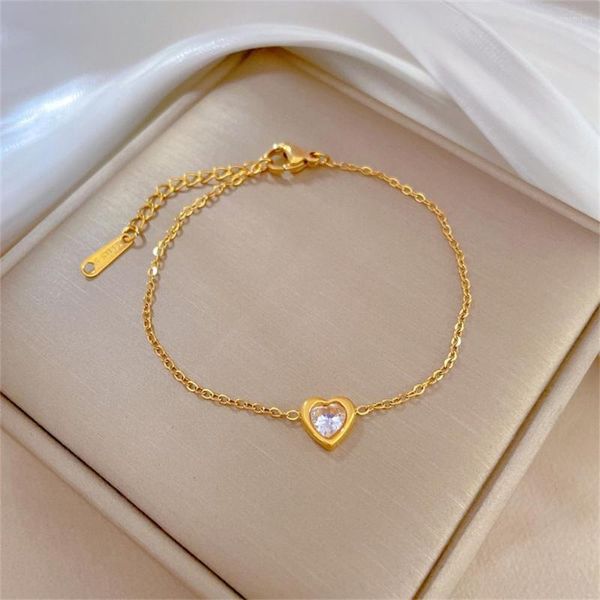 Braccialetti con ciondoli Solitario Cuore Zircone Per Donna Regalo a lunga distanza Acero Inossidabile Singolo cristallo Pulseras Accessori Kpop