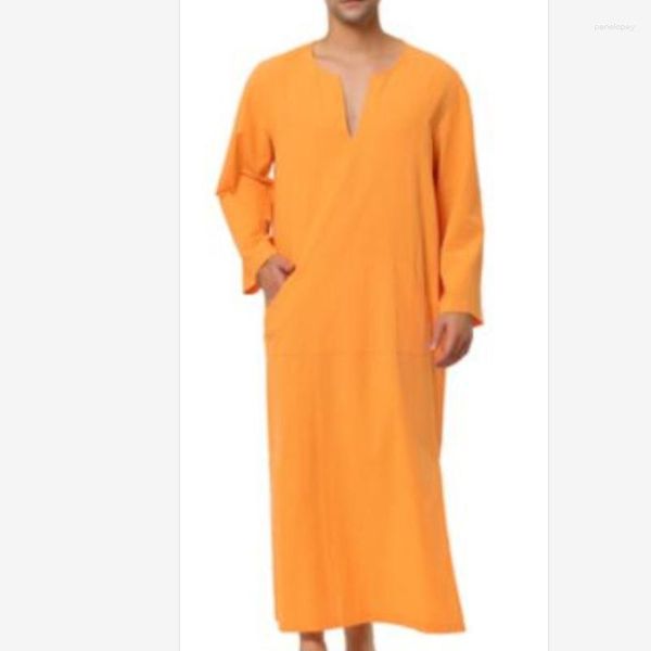 Abbigliamento etnico 2023 Tinta unita Abaya Islam Moda Uomo musulmano Scollo a V Kameez Manica lunga Arabo Thobe Semplice Abaya Abito Qfriends Uomo