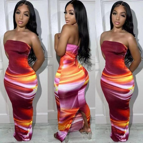 Casual Dresses Echoine Tie Dye Print Trägerloses dünnes langes Kleid Frauen Bodycon Sexy Party Abend Streetwear Vintage Vestidos Sommer