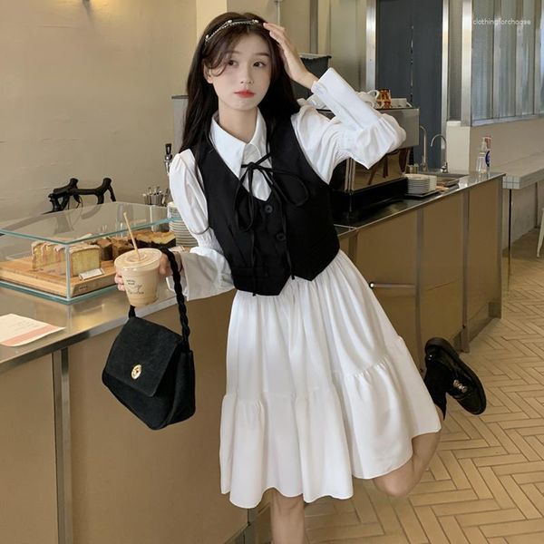 Casual Kleider CGC Koreanische Stil Lolita Vintage Für Frauen Sommer Langarm Weiß Midi Kleid Kawaii Preppy Weibliche Kleidung Vestidos