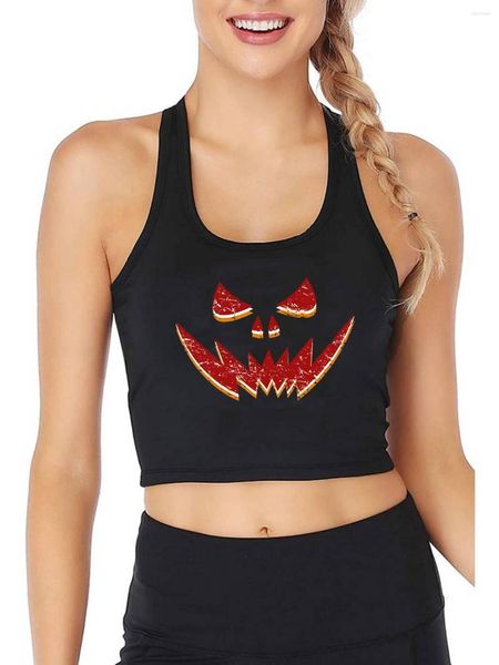 Canotte da donna Raccapricciante Halloween Grafica a tre colori con zucca a tre colori Top corto sexy Canotte dal design gotico divertente Canotta fitness