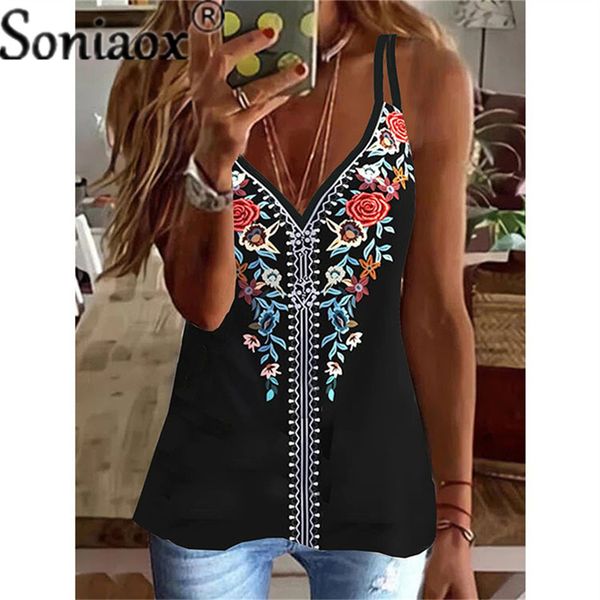 Damen-Tanks, Camis, sexy Hosenträger, V-Ausschnitt, Patchwork-Bluse, Tank-Tops, Sommer-Frauen, ärmellos, locker, lässig, Ethno-Stil, bedruckt, Weste, T-Shirt, groß, 230711