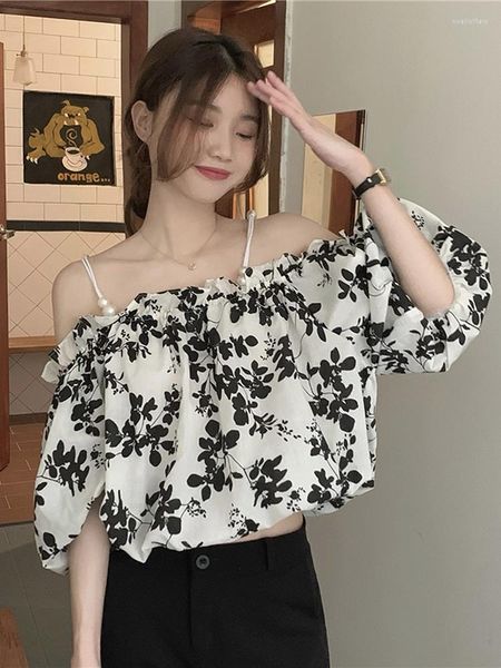 Damenblusen GGRIGHTTops Frauen 2023 Strappy Vintage Print Chiffon Bluse Top Blusas Camisas Mujer Bluzki Damskie Sexy Slash Neck