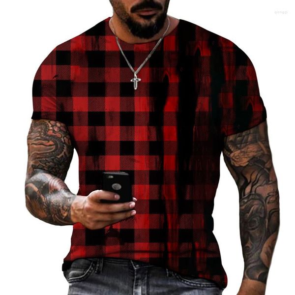 Magliette da uomo 2023 Fashion Retro Plaid Geometric Line Design T-shirt Lycra Poliestere Large Size Buona qualità Fat S-5XL