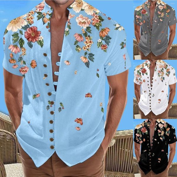 Camisetas masculinas elásticas para homens impressão digital 3D bolso fivela lapela camisa manga curta macacão top