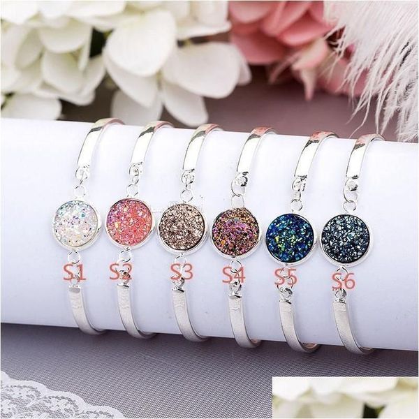 Charm Bilezikler Moda 12mm Balık Ölçekleri Reçine Druzy Drusy Bilezik Sier Altın Renk Kadın Mücevherleri için Doğal Taş Bileklik taklit et D Dhikf