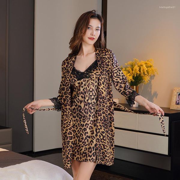 Roupa de dormir feminina de verão com almofada no peito conjunto de robe fashion sexy seda fina cetim estampado leopardo pijama 2 pçs homewear