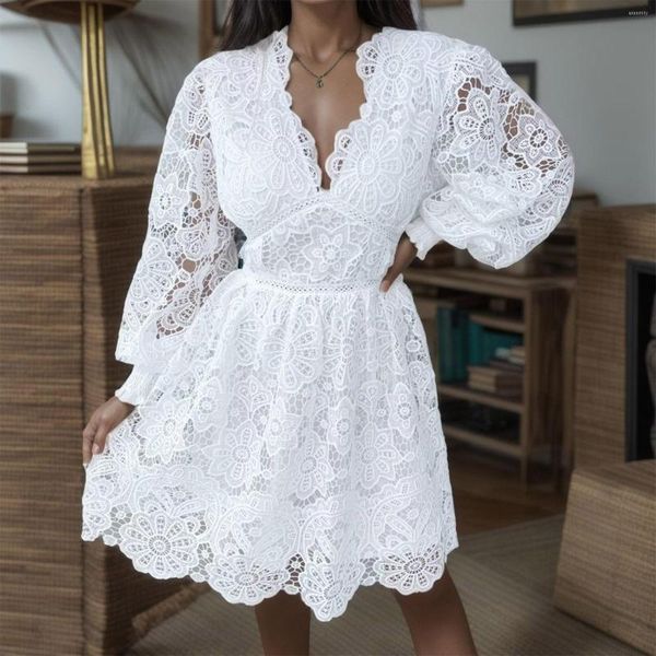 Vestidos casuais verão elegante vestido de renda sólida decote em v solto oco padrão bordado vestidos femininos escritório senhoras branco mini