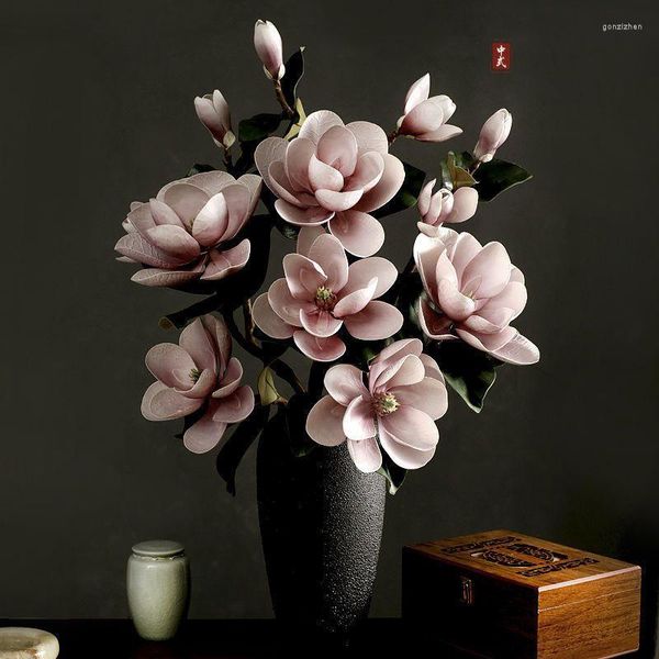 Dekorative Blumen, 98 cm hoch, Simulation einer großen Magnolie, 3 Farben, Blumenarrangement im chinesischen Stil, gefälschte Blumenkunst