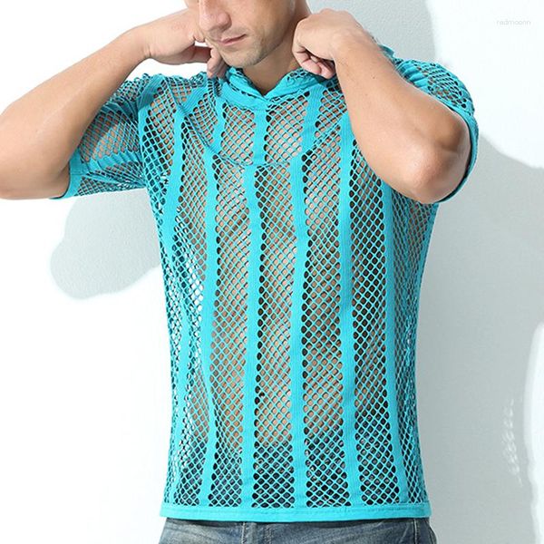 Magliette da uomo Estate Sexy Scava Fuori Felpe con cappuccio in maglia trasparente Moda uomo Camicia con cappuccio trasparente allentata Felpa con cappuccio manica corta da uomo Sport