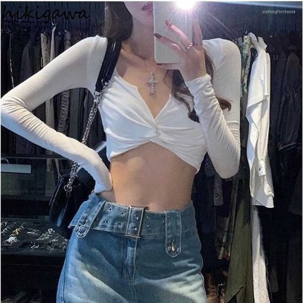 Женские футболки T Crop Tops 2023 Topa Mujer Sexy футболки для женщин V-образным вырезом с длинным рукавом женщина The Firts Y2k одежда корейский белый