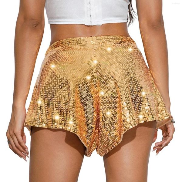 Damen-Shorts mit hoher Taille für Pole Dance, glänzende Pailletten, Rave-Party, glitzernde Tanzhose, Clubwear