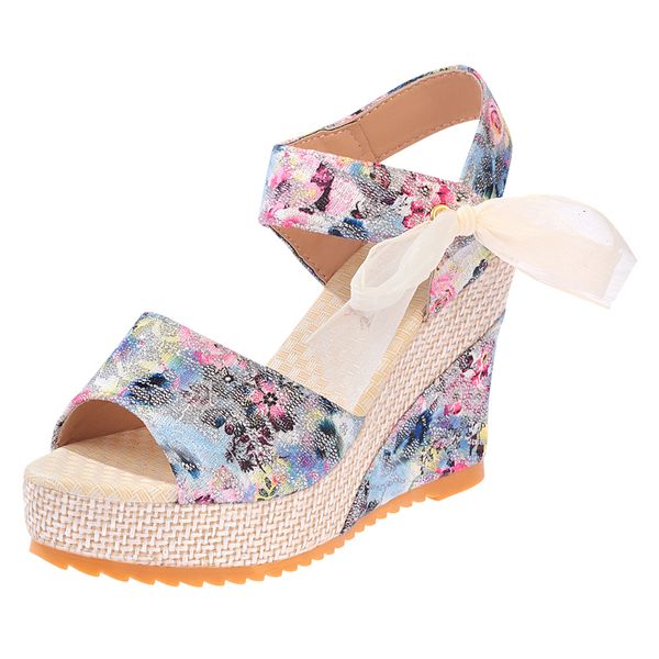 Sandali Summer Beach Boho Sandali con zeppa floreali Piattaforma con cinturino alla caviglia Scarpe da gladiatore Donna Tacchi alti Sandalias Mujer 230710