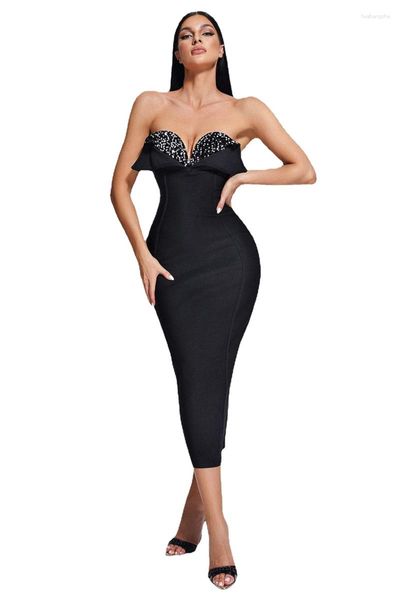 Abiti casual Moda elegante Discoteca Donna Abito lungo con paillettes nero sexy senza spalline aderente Vestido