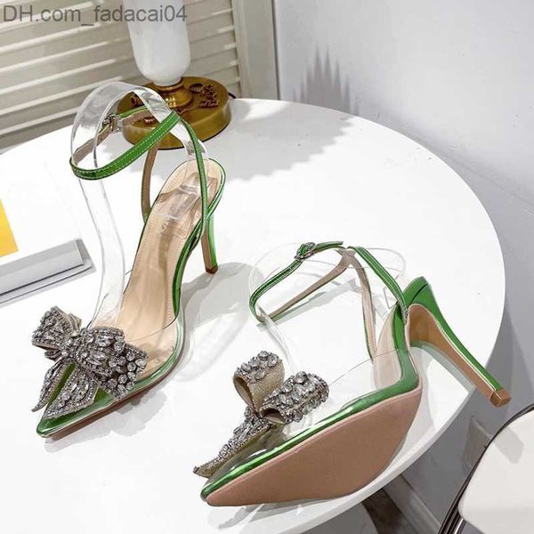 Sapatos formais Liyke Summer Party Casamento Stripping Salto alto Sexy Crystal Bow Toe Dedos angulares Sandálias femininas Pump PVC transparente Verde Z230711