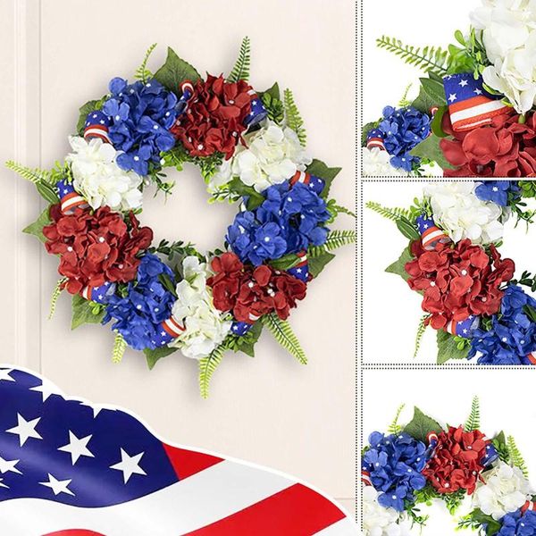 Flores decorativas sem fio conjunto de enfeites de feriado fronteira grinalda do dia da independência vermelho e azul hortênsia decoração ano para porta da frente