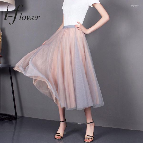 Saias Verão Feminino 2023 Saia Elástica de Cintura Alta Grande Swing A Line Tule Midi Mesh Tutu Jupe Longue Femme Moda Coreana